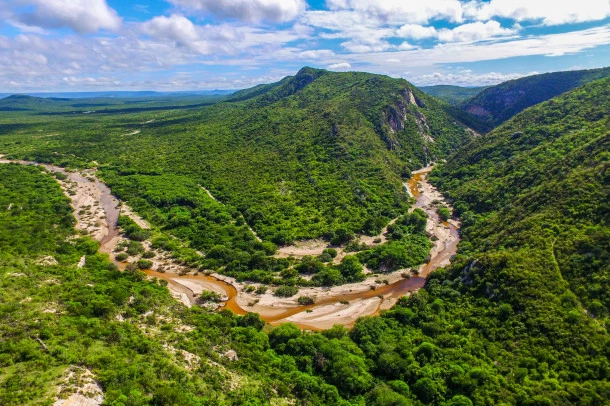 A river runs through a valley that is covered in rich-green forest