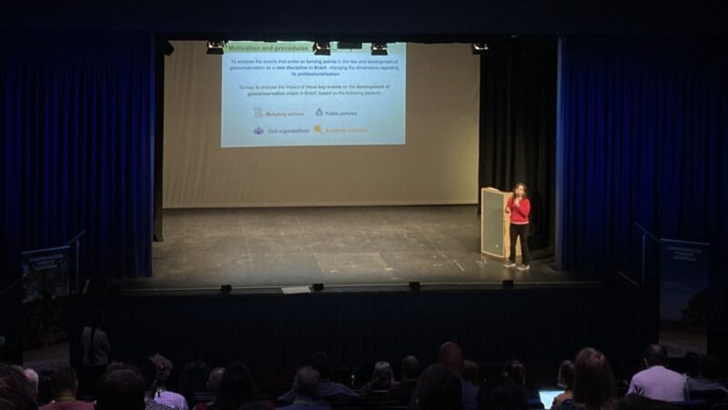 Maria da Glória Motta Garcia giving a presentation on stage about geoconservation in Brazil.