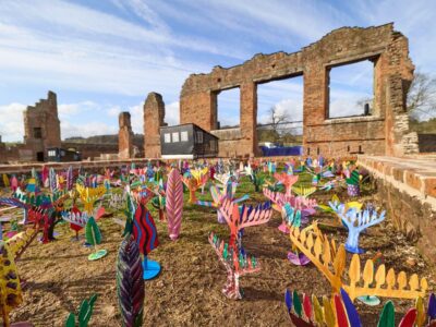 Fossil models, decorated by children, on display in the ruins at Bradgate Park