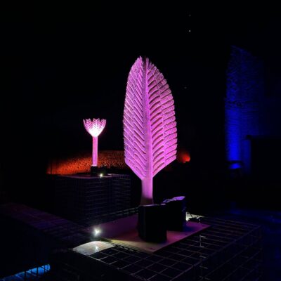 Two chainsaw carved sculptures of Ediacaran fossils